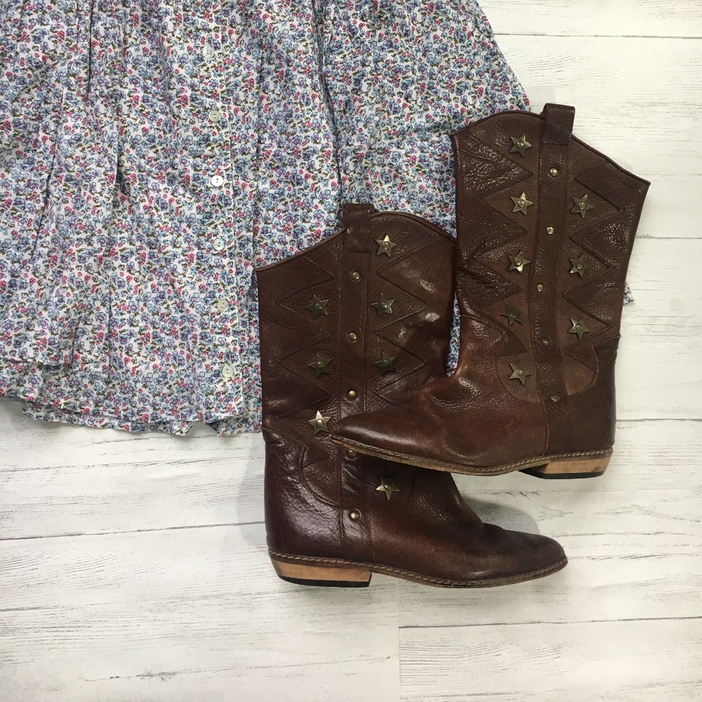 Vintage Brown Italian Brass Star Cowboy Boots